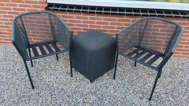 2 Antraciet Tuinstoelen + Poef - Textileen + twee kussens, Tuin en Terras, Tuinstoelen, Gebruikt, Textileen, Ophalen