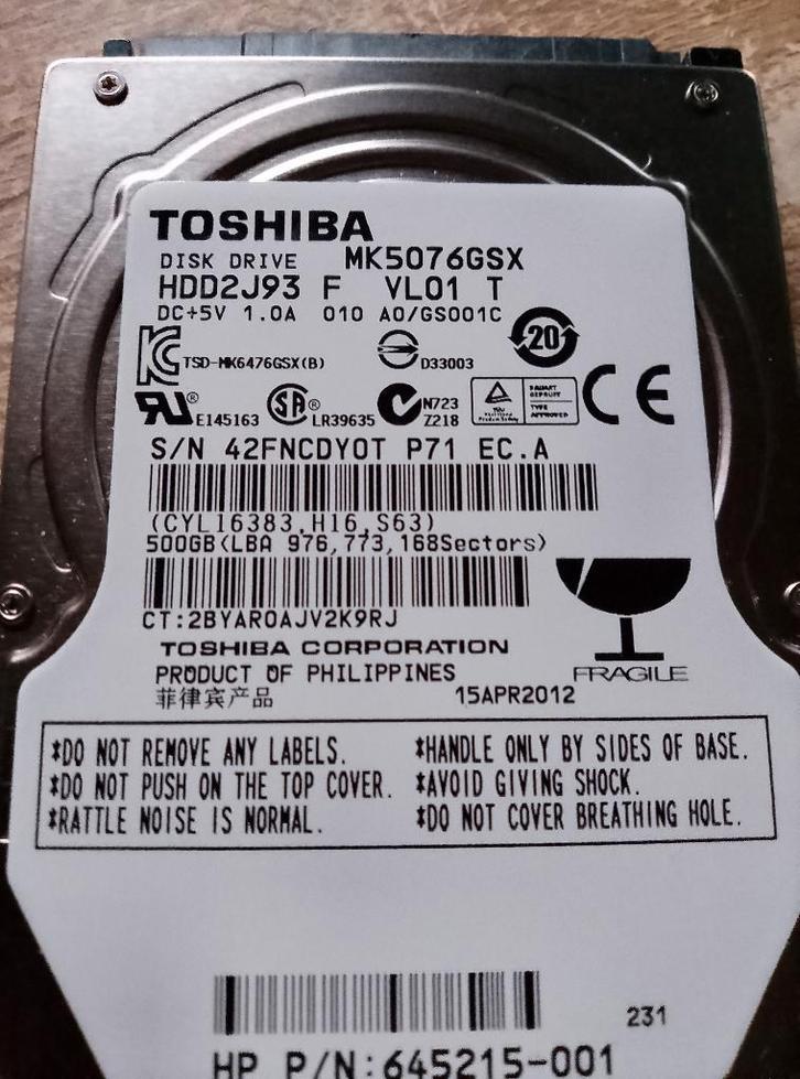 Toshiba MK5076GSX, Computers en Software, Harde schijven, Zo goed als nieuw, Laptop, Intern, HDD, SATA, Ophalen of Verzenden