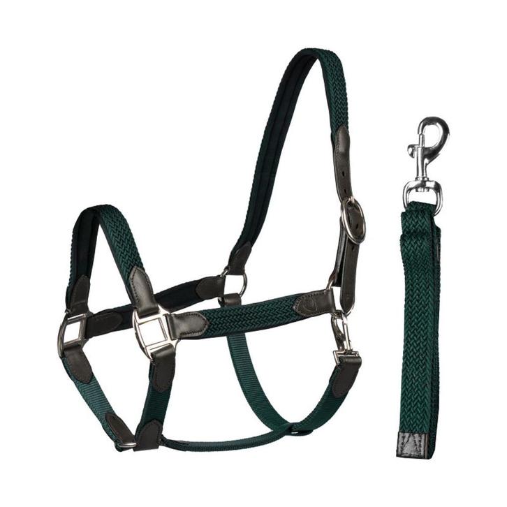 Horka halsterset leer met gevlochten nylon Groen Cob en Full, Dieren en Toebehoren, Paarden en Pony's | Overige Paardenspullen