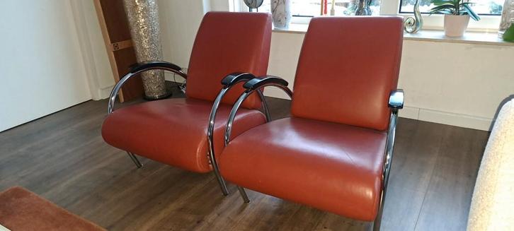 Gelderland Fauteuils 5770 2 stuks, Huis en Inrichting, Fauteuils, Gebruikt, Leer, Metaal, 50 tot 75 cm, 75 tot 100 cm, Ophalen of Verzenden