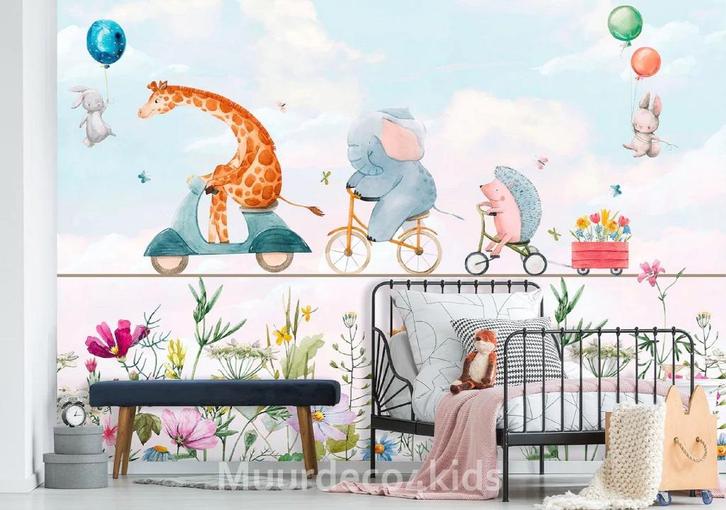 Babykamer behang dieren, Giraffe op scooter, kinderkamer, Kinderen en Baby's, Kinderkamer | Inrichting en Decoratie, Nieuw, Wanddecoratie
