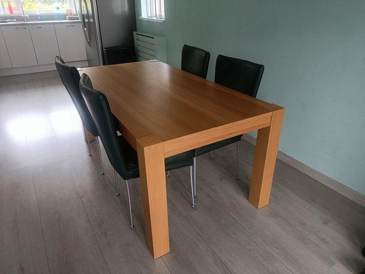 Eettafel met 4 groene lederen stoelen, Huis en Inrichting, Tafels | Eettafels, 50 tot 100 cm, 150 tot 200 cm, Rechthoekig, Ophalen