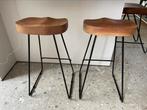 Massief houten barkrukken 2 stuks met stalen frame, Met voetsteun, Verzenden, 60 tot 90 cm, Metaal