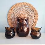 Leuke uilen waterkan of vazen set van bruin glas, Ophalen of Verzenden