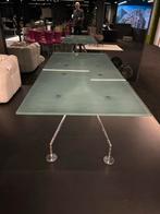 Glazen Design Eettafel met Metalen Onderstel, Huis en Inrichting, Tafels | Eettafels, Ophalen, Gebruikt, 100 tot 150 cm, 200 cm of meer