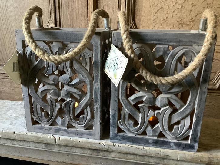 Nieuw grijs houten windlichten lantaarns met touw, Huis en Inrichting, Woonaccessoires | Kandelaars en Kaarsen, Nieuw, Ophalen of Verzenden