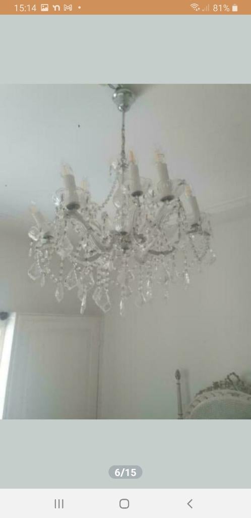 Plafondlamp kroonluchter, zeer mooi, van RVS en glas., Ophalen, Gebruikt, Glas, Plafondlamp kroonluchter, van RVS en glas.