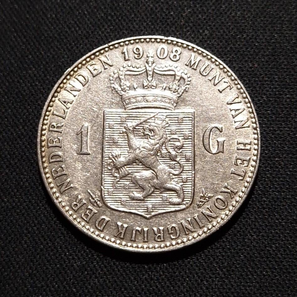 1 gulden 1908, 1 gulden, Verzenden, Zilver, Koningin Wilhelmina