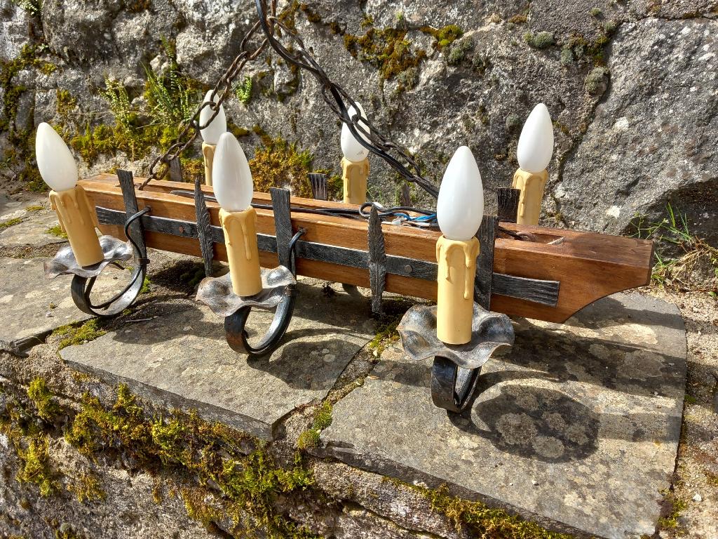 vintage hanglamp, gotisch lamp 6x hout smeedijzer brutalist, Ophalen of Verzenden