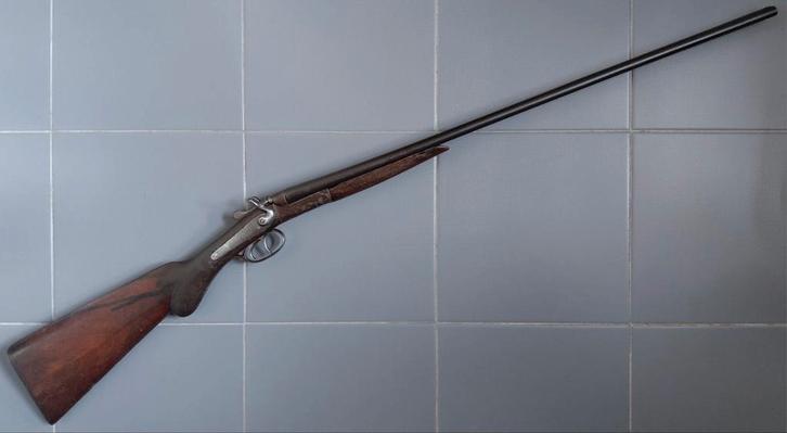 Antiek Belgisch dubbelloops hagel geweer kal .410 zwartkruit, Antiek en Kunst, Antiek | Overige Antiek, Ophalen of Verzenden