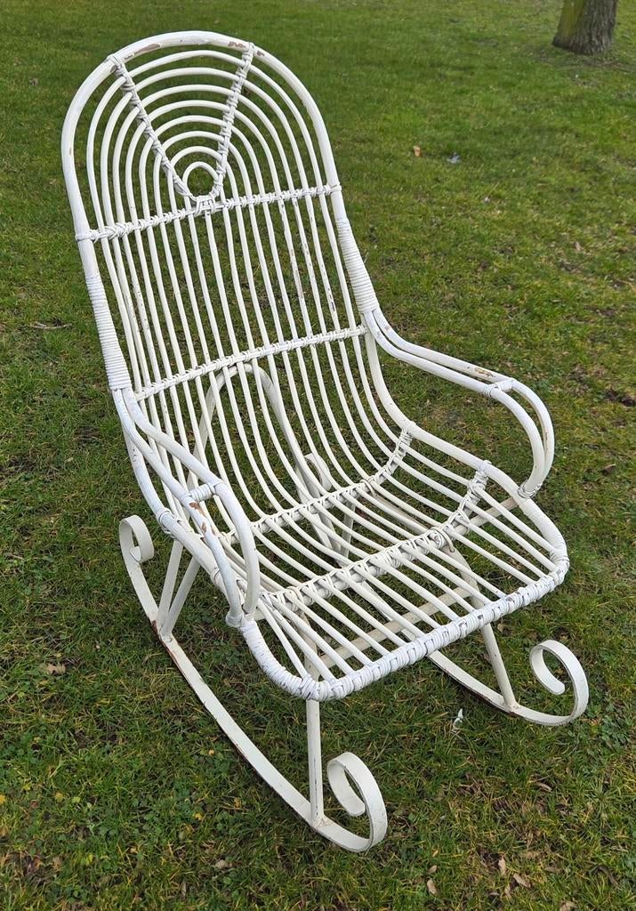 Vintage bohemian witte rotan schommelstoel, Ophalen, Gebruikt, Wit, Bohemian