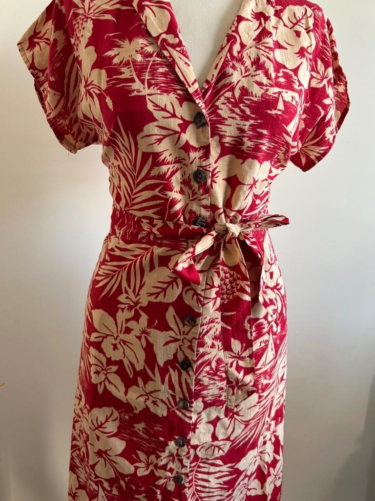 King Louie maat 42 rode tropische blouse jurk 3215, Maat 42/44 (L), Ophalen of Verzenden, Zo goed als nieuw, Knielengte