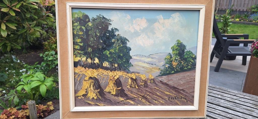 Olieverfschilderij: Landschap met korenschoven, gesigneerd, Antiek en Kunst, Kunst | Schilderijen | Klassiek, Ophalen