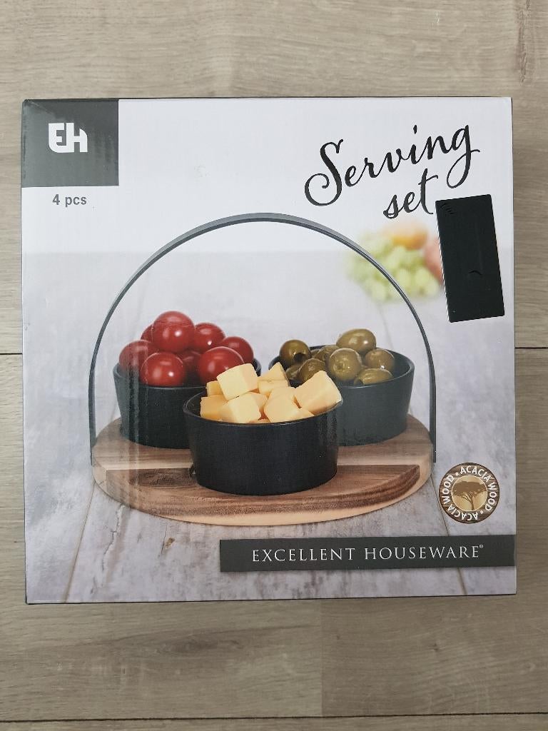 Serveerset 4-delig, 3 schaaltjes op houten serveerplank, Huis en Inrichting, Keuken | Servies, Overige materialen, Nieuw, Ophalen of Verzenden