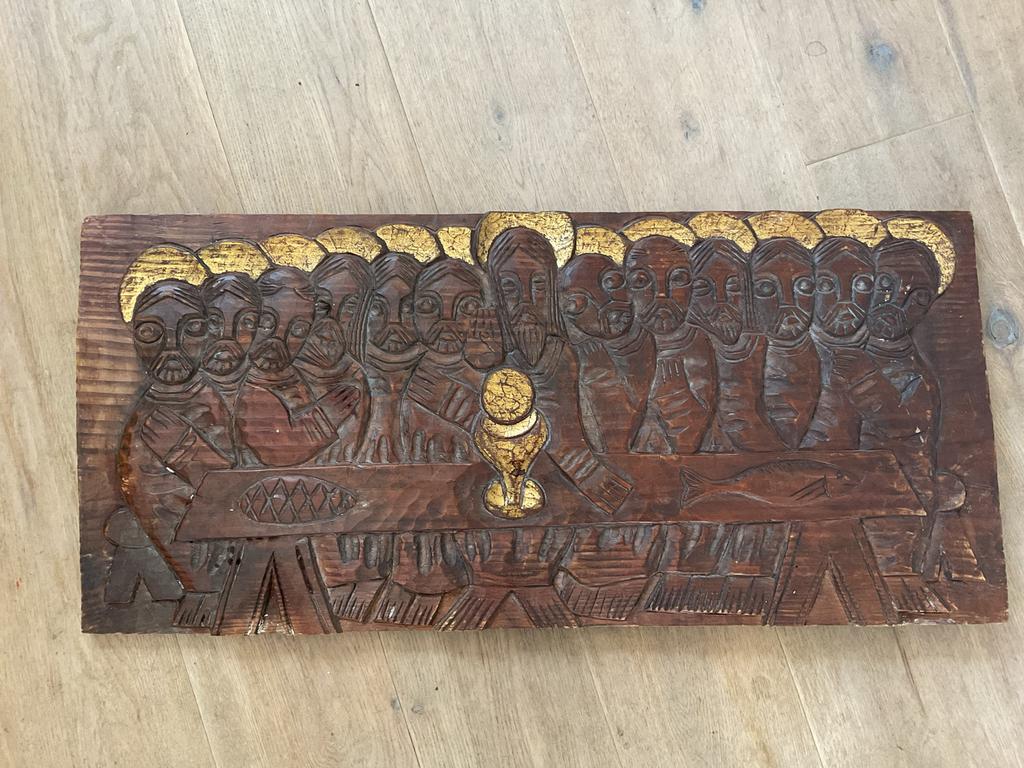 Houten paneel Het Laatste Avondmaal, Houtsnijwerk, Ophalen of Verzenden, Handgemaakt, 20 - 50 cm