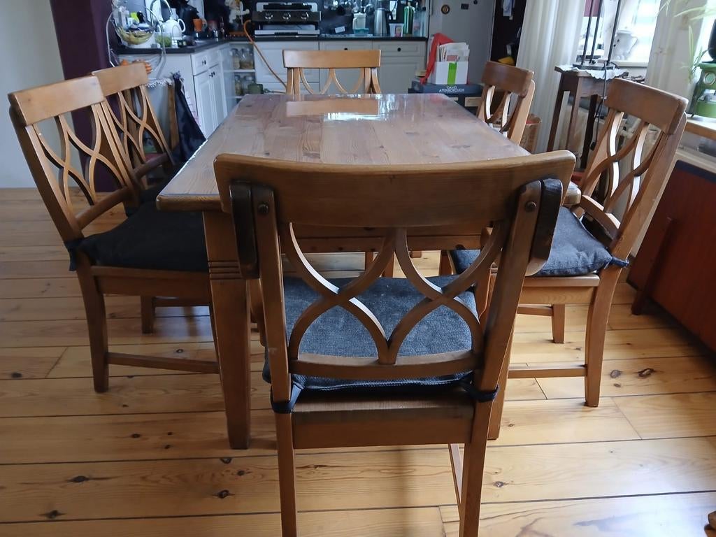 Grenen eettafel met 6 stoelen + evt salontafel merk Cottage, Ophalen, Gebruikt, 4 tot 6 stoelen