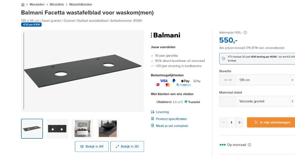 Wastafelblad NIEUW! 155x55 cm, Ophalen, Nieuw, Steen, Wastafel