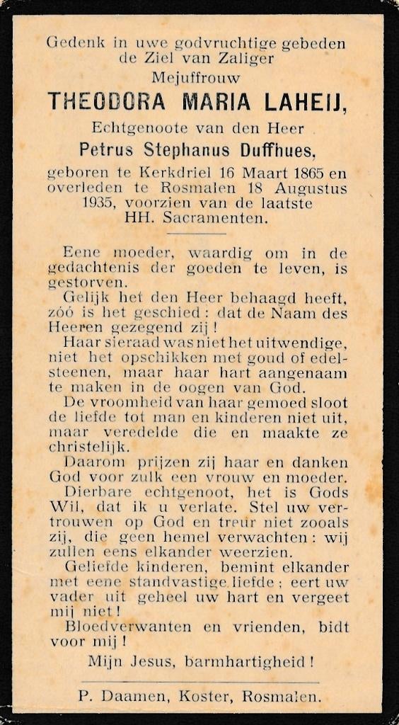 Laheij Theodora 1865 Kerkdriel 1935 Rosmalen, Ophalen of Verzenden, Bidprentje