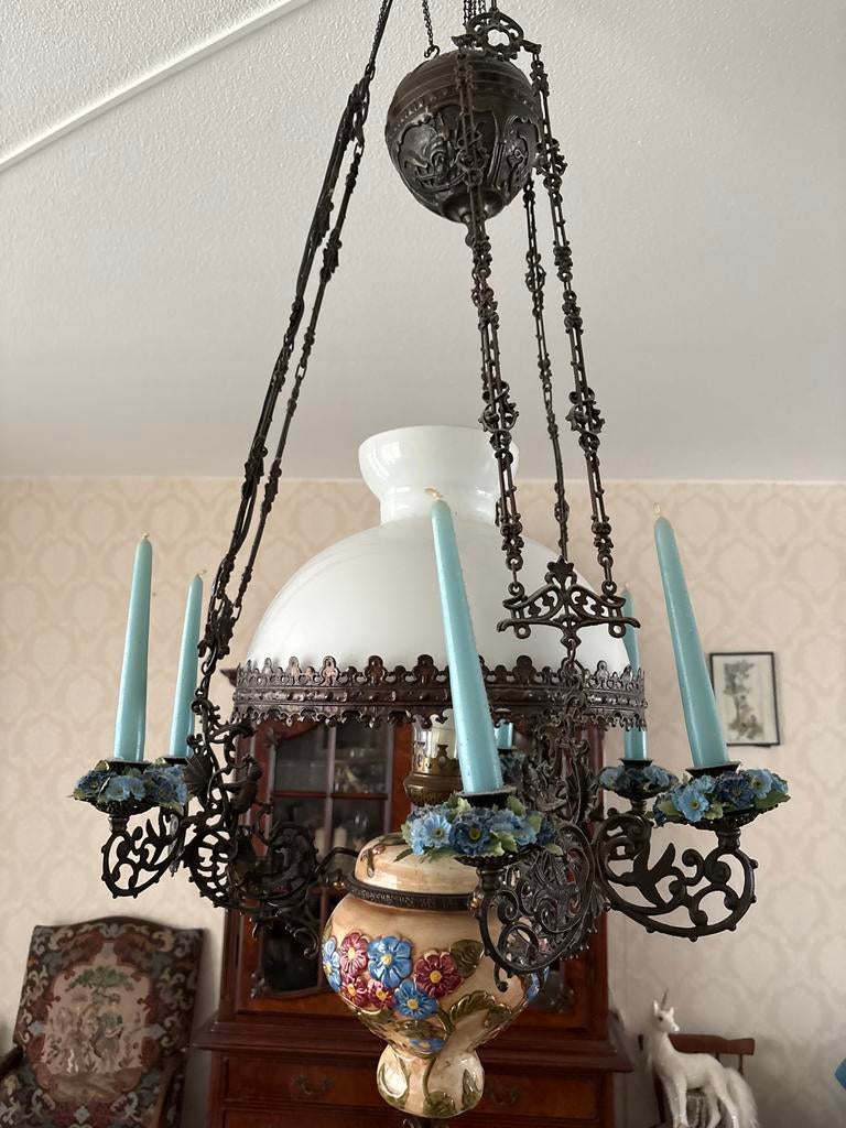 Antieke hanglamp met verlichting - scheur in kap, Ophalen