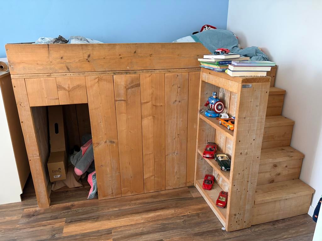 Hoogslaper steigerhout met speelruimte, Ophalen, Gebruikt, Eenpersoons, Minder dan 160 cm