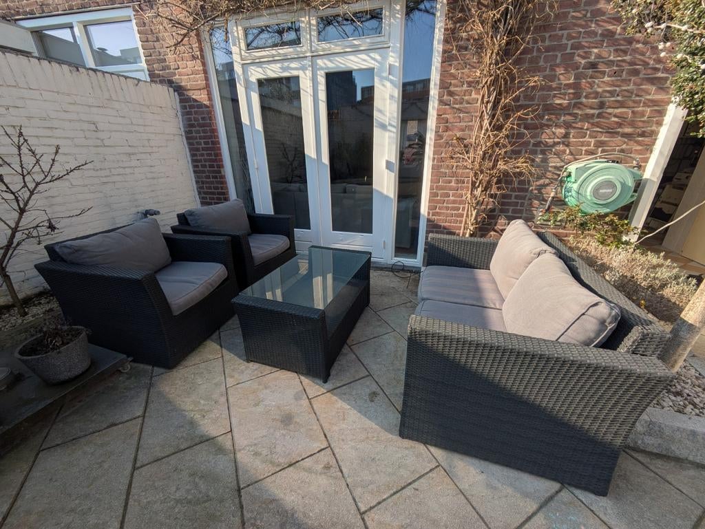 Loungeset met Glazen Tafel en Kussens, Tuin en Terras, Tuinsets en Loungesets, Ophalen, Gebruikt, Wicker, Bank