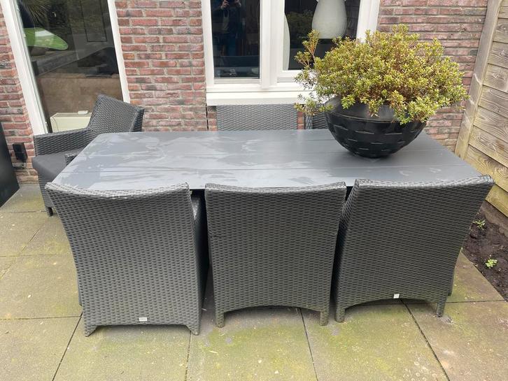 Tuintafel met 6 stoelen, Tuin en Terras, Tuinsets en Loungesets, Gebruikt, Tuinset, Wicker, 6 zitplaatsen, Eettafel, Ophalen