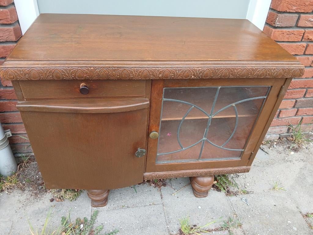 Vintage houten kastje met lade en glazen deur, Ophalen, Gebruikt, 50 tot 100 cm, Minder dan 100 cm