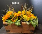 Kunstbloemen in houten bak en zinkenkop, Ophalen of Verzenden