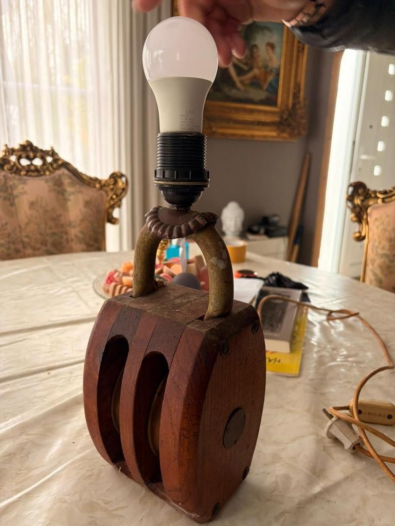 Unieke houten katrol lamp - Maritieme stijl, Ophalen of Verzenden, Gebruikt, Maritiem, Vintage, Industrieel