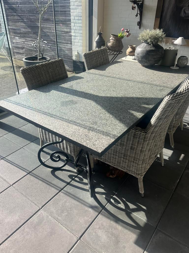 Granieten tuintafel met 4 stoelen, Ophalen, Gebruikt, Rechthoekig, Overige materialen