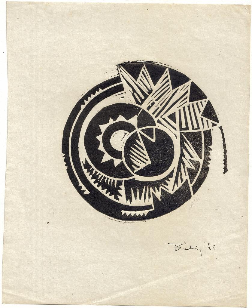 Herman Bieling linosnede "Ronde Compositie" 1925 gesigneerd, Ophalen, Overige technieken, Origineel, 1900 - 1949