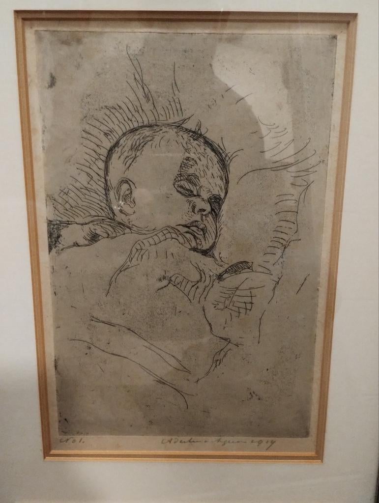 Antieke Ets Antoon Derkzen van Angeren  "slapende baby", Antiek en Kunst, Ophalen of Verzenden