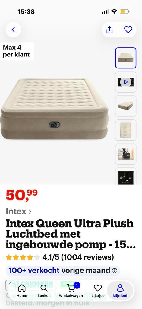 Intex Queen Ultra Plush Luchtbed met ingebouwde pomp, Ophalen, Zo goed als nieuw, Tweepersoons