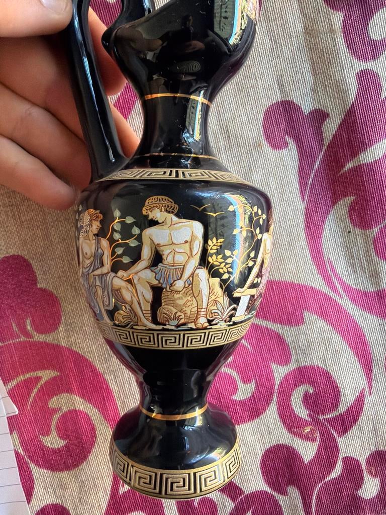 Zwarte Griekse Vaas met 24K Gouden Decoratie - Handgemaakt, Antiek en Kunst, Ophalen of Verzenden