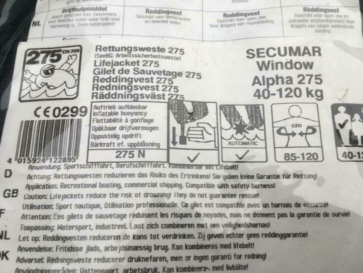 20 reddingsvesten Secumar Windows Alpha 275N geen patroon, Watersport en Boten, Watersportkleding, Niet ingevuld, Gebruikt, Niet ingevuld