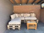 Pallet loungebank + zitkussens beige, Ophalen, 5 zitplaatsen, Zo goed als nieuw, Loungeset