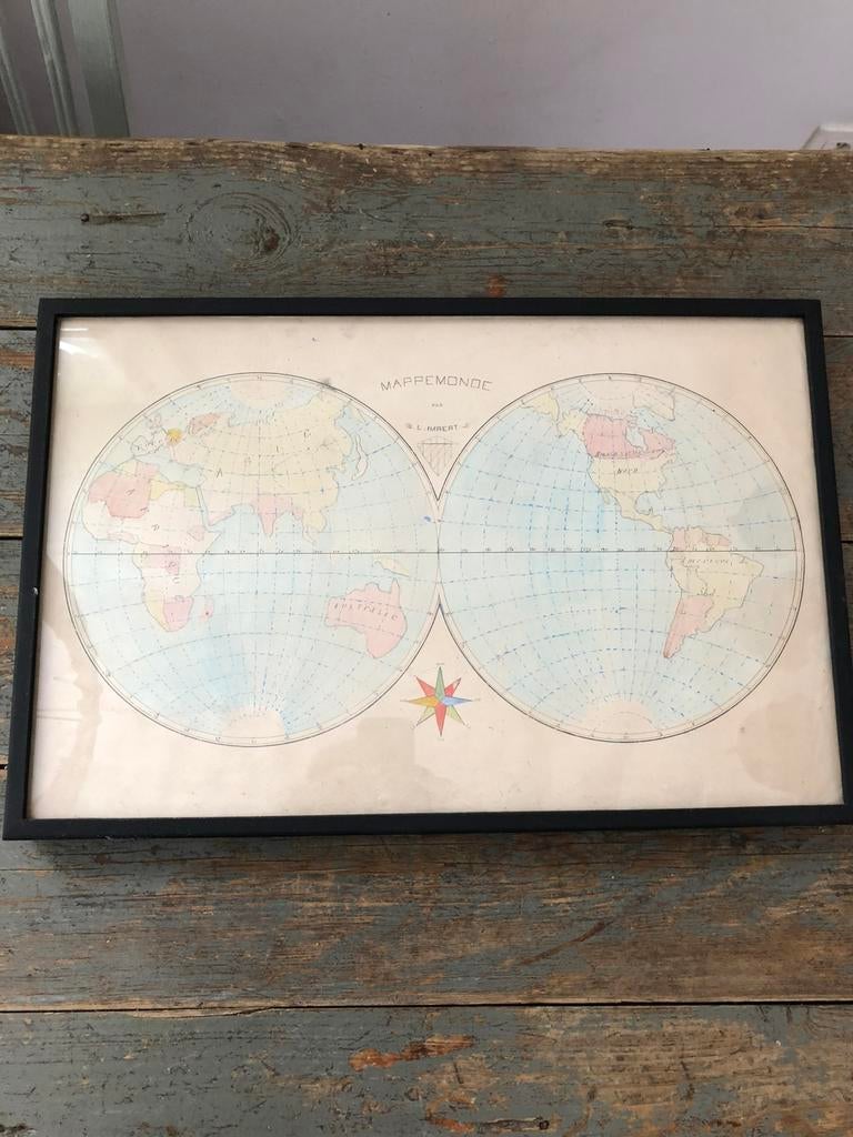 ANTIEKE WERELDKAART AQUAREL FRANS IN LIJST, Ophalen of Verzenden