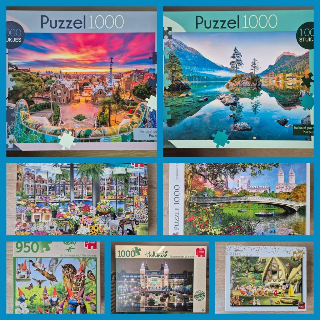 7 puzzels New York, A'dam, Disney, Barcelona 1000 stukjes, Ophalen of Verzenden, 500 t/m 1500 stukjes, Zo goed als nieuw, Legpuzzel