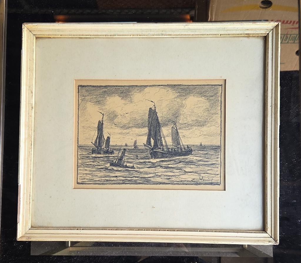 Potloodtekening Kees van Waning (1861-1929) schepen, Antiek en Kunst, Kunst | Tekeningen en Foto's, Ophalen of Verzenden