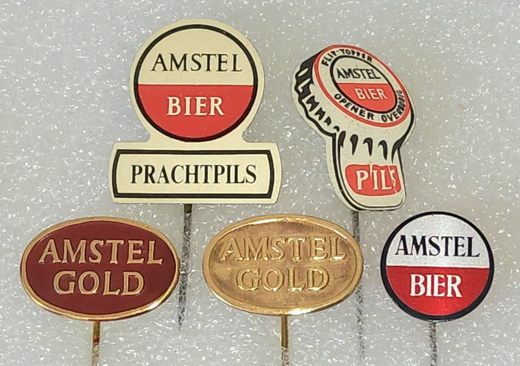 5 Amstel Bier en Amstel Gold Speldjes Collectie, Verzamelen, Speldjes, Pins en Buttons, Gebruikt, Speldje of Pin, Merk, Ophalen of Verzenden