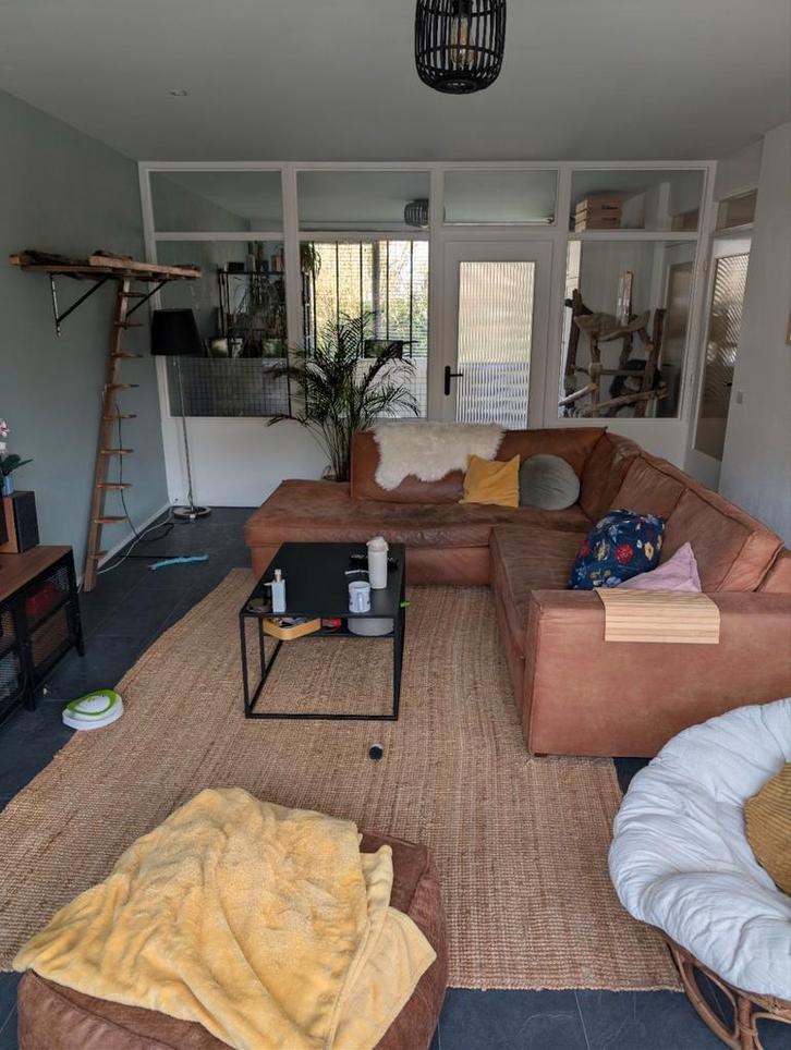 Cognac kleurige leren hoekbank, Huis en Inrichting, Banken | Bankstellen, Gebruikt, Vierpersoons of meer, Ophalen