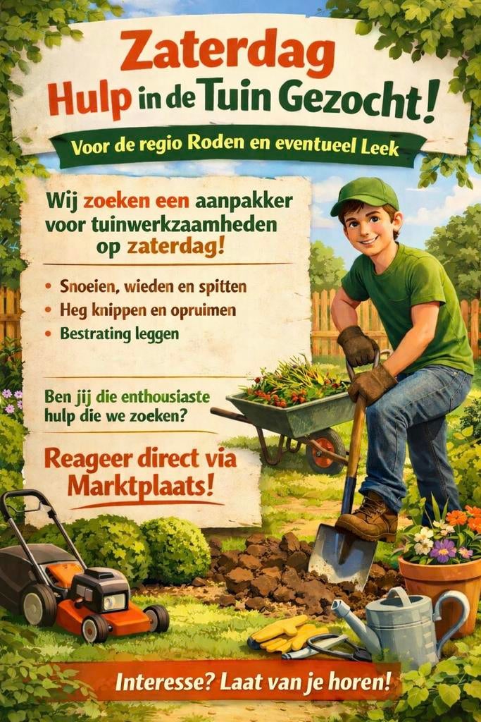 Zaterdag hulp in de tuin gezocht!, Vacatures, Profielen | Student zoekt bijbaan of stage, Rijbewijs B, Overige branches, Variabele uren