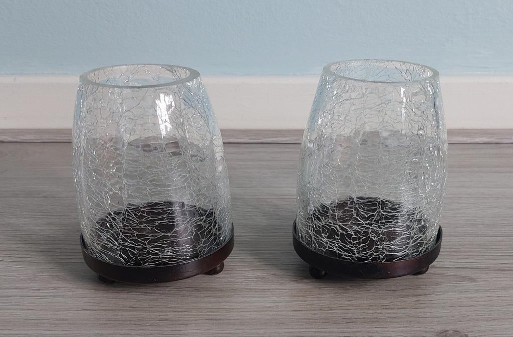 Twee glazen waxinelichthouders met metalen voet, Ophalen, Overige materialen, Zo goed als nieuw, Kandelaar