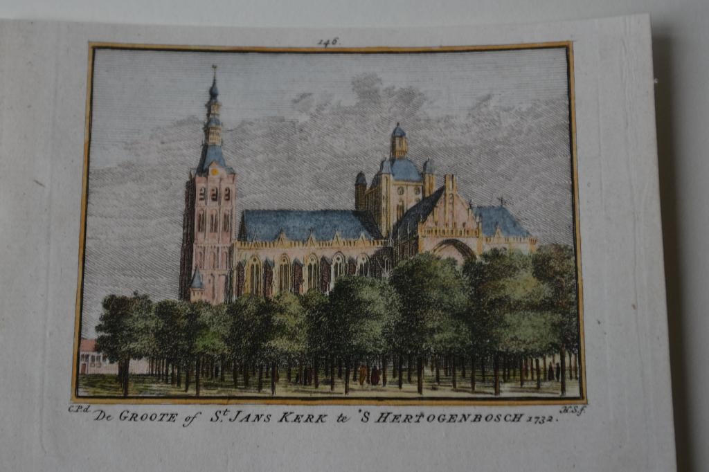 `s. HERTOGENBOSCH SINT JANS KERK Kopergravure Anno 1732 E18, Verzenden, Stadsgezicht, Handgekleurd, Gravure