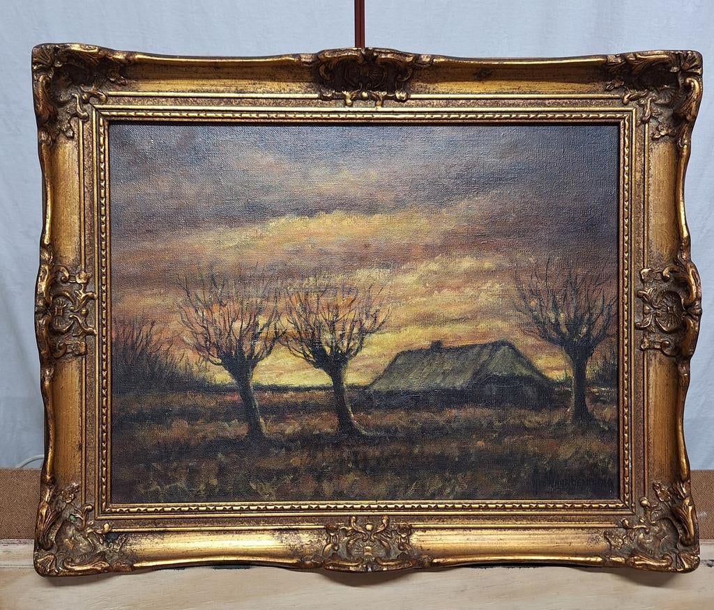 Klassiek schilderij met fraaie houten lijst, gesigneerd, Ophalen of Verzenden