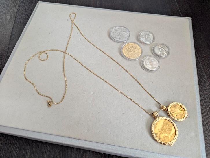 Mimoneda ketting en munten set, Sieraden, Tassen en Uiterlijk, Kettingen, Zo goed als nieuw, Overige materialen, Zilver, Ophalen of Verzenden