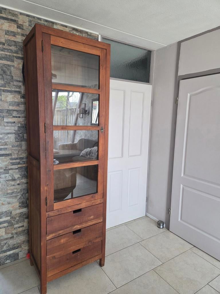 Teak vitrinekast, Huis en Inrichting, Kasten | Vitrinekasten, Ophalen, Gebruikt, 200 cm of meer, 50 tot 100 cm