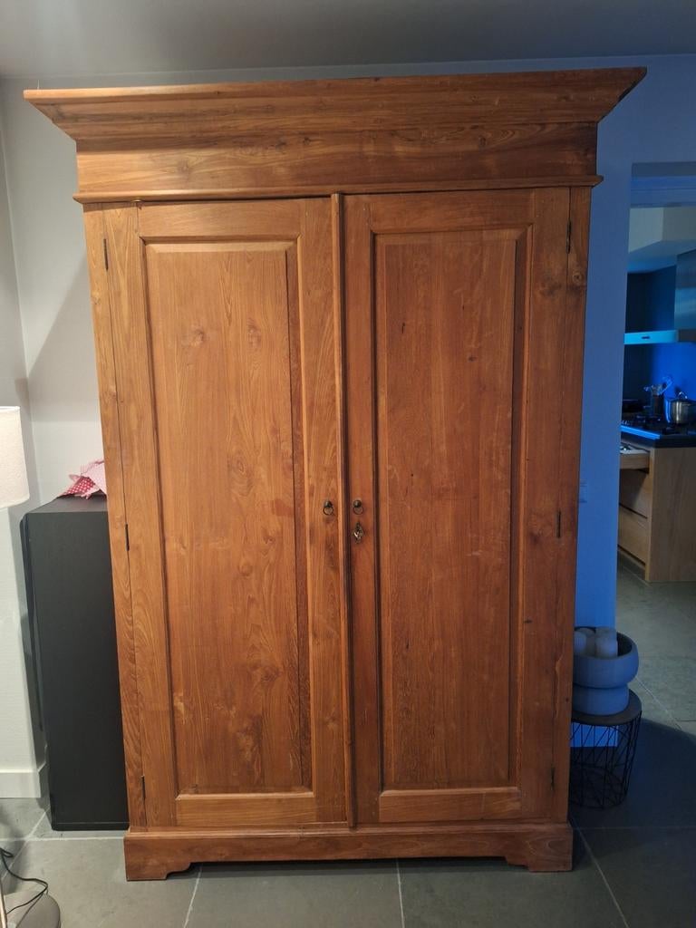 Mooie onbehandelde grote teakhouten kast /computerkast., Ophalen, 50 tot 75 cm, 200 cm of meer
