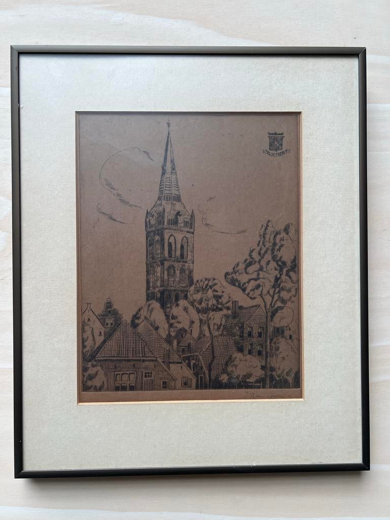 Gesigneerde ets Jeanne Bieruma Oosting - Gudulatoren Lochem, Ets, Stadsgezicht, Ophalen of Verzenden, Gesigneerd