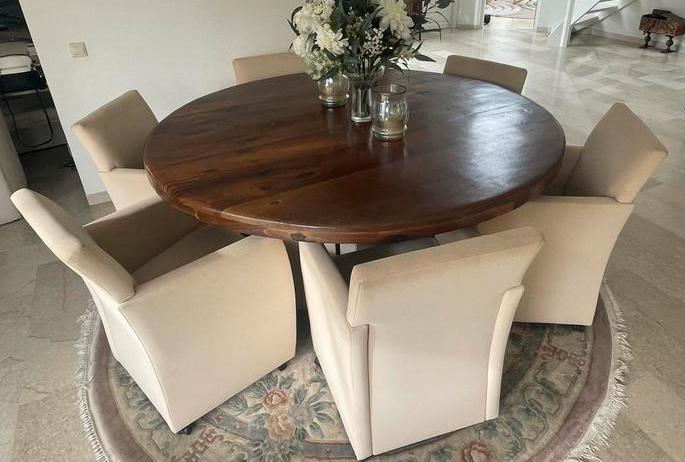 Ronde houten eettafel met marmeren voet, Huis en Inrichting, Tafels | Eettafels, Ophalen, Gebruikt, Rond, Vijf personen of meer